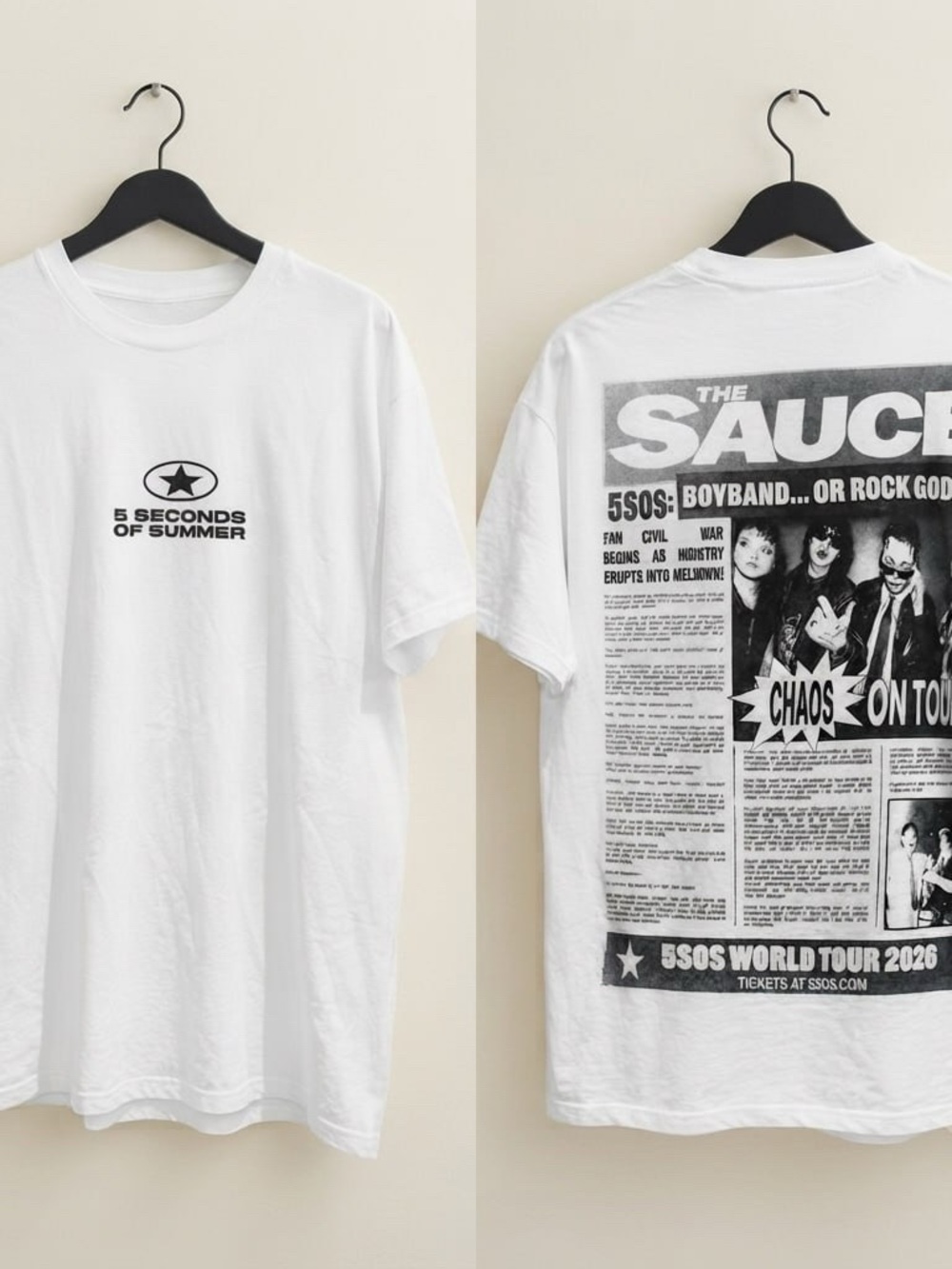White 5 Seconds Of Summer Newspaper-Style Tour Tee